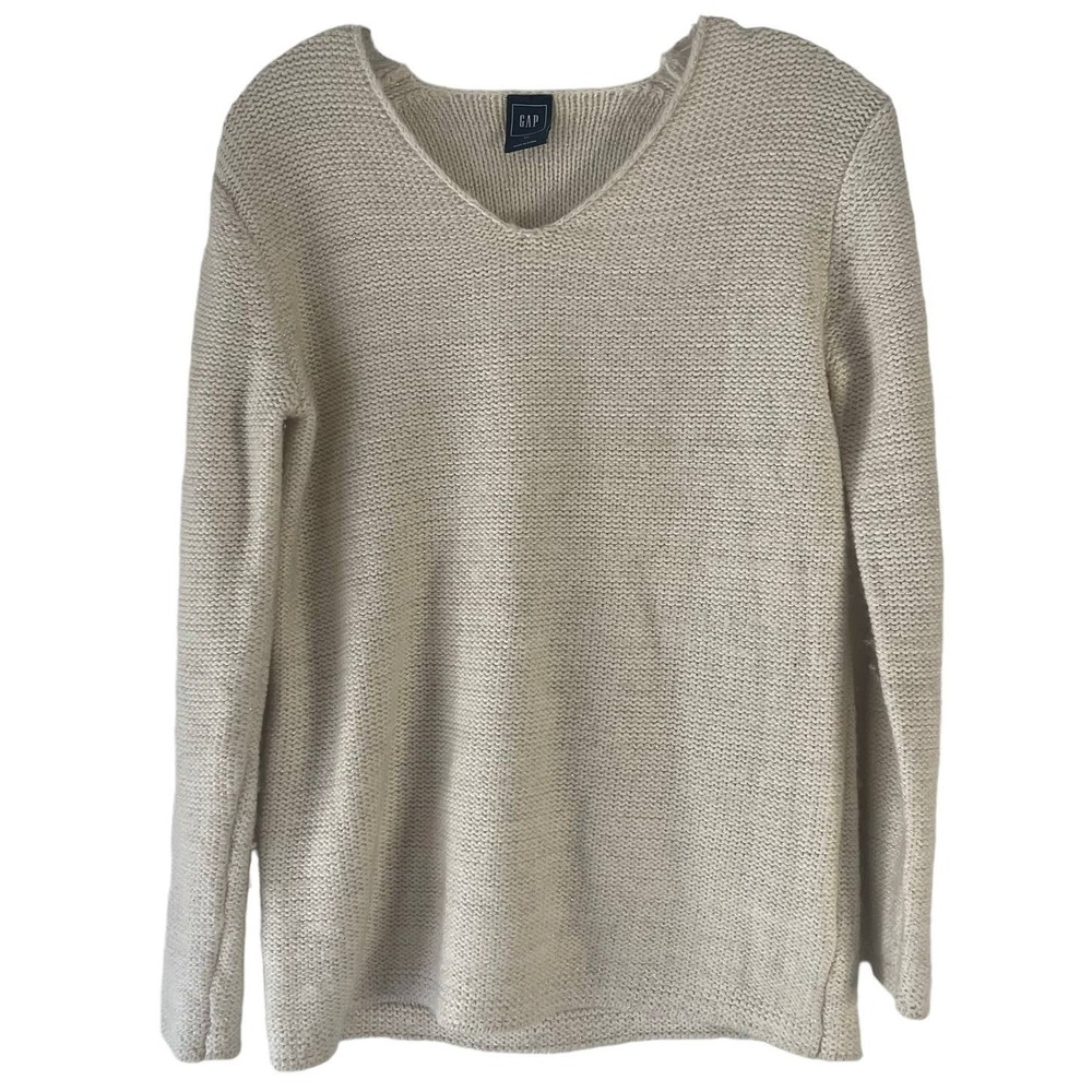 Gap Womens XS V-Neck Sweater Beige Oatmeal Metallic Shimmer Cotton Wool Blend
